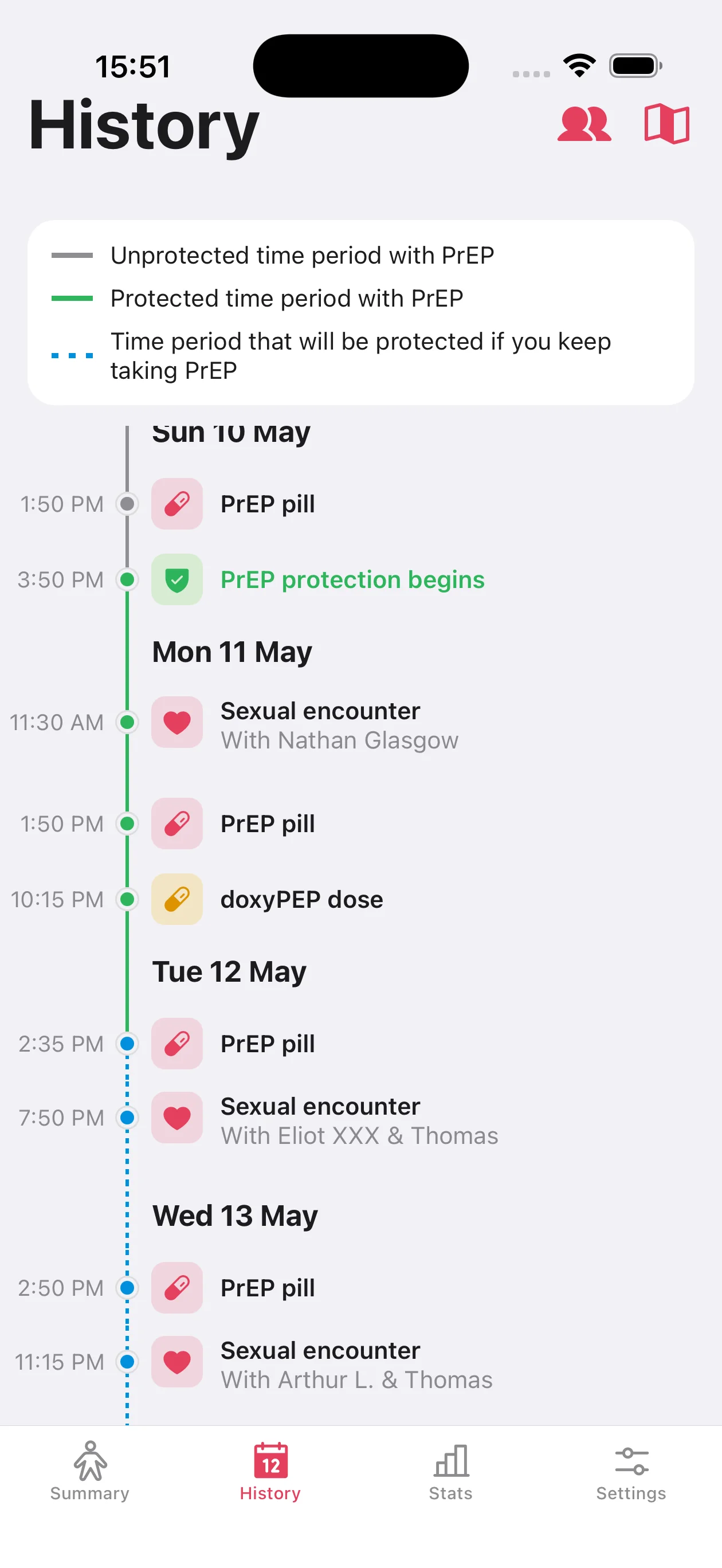 My PrEP — History: Your doses and encounters on a clear timeline.