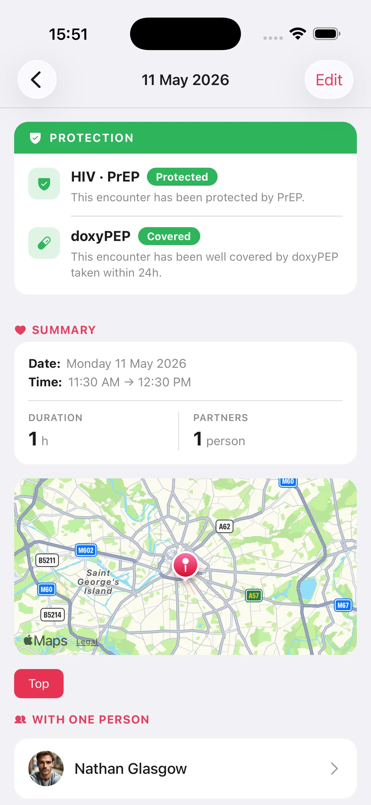 My PrEP — Encounter: The details of an encounter and its protection status.
