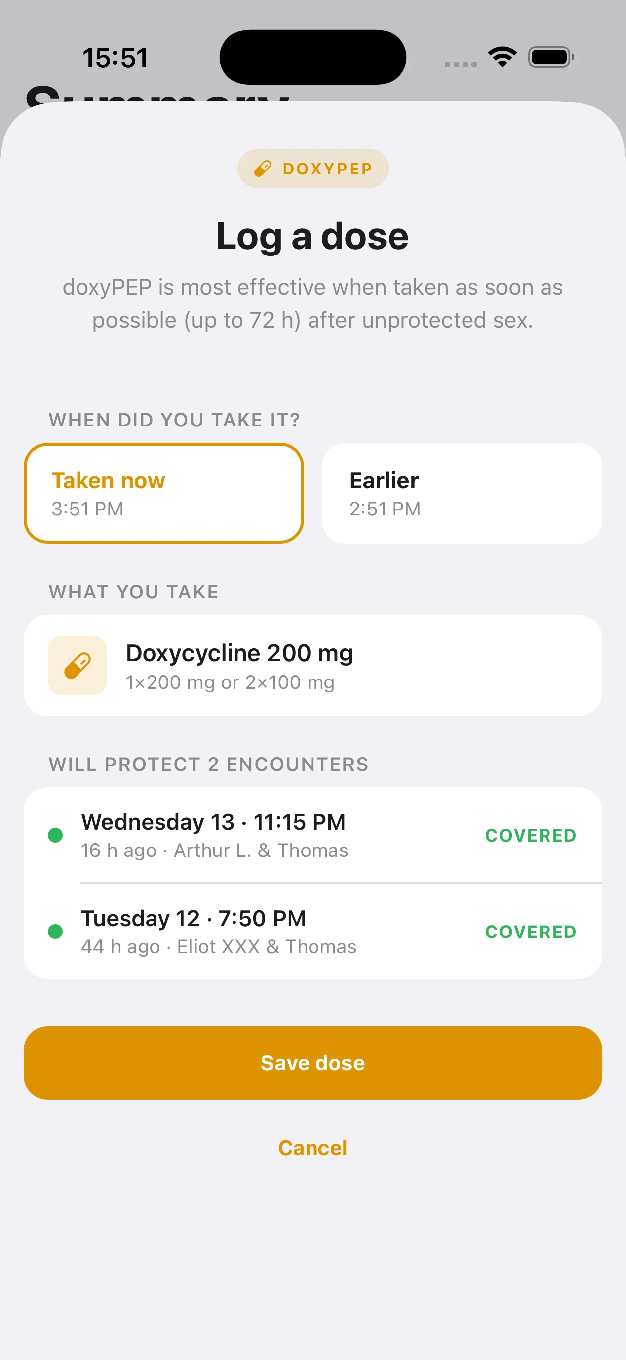 My PrEP — doxyPEP: Log a dose in two taps.